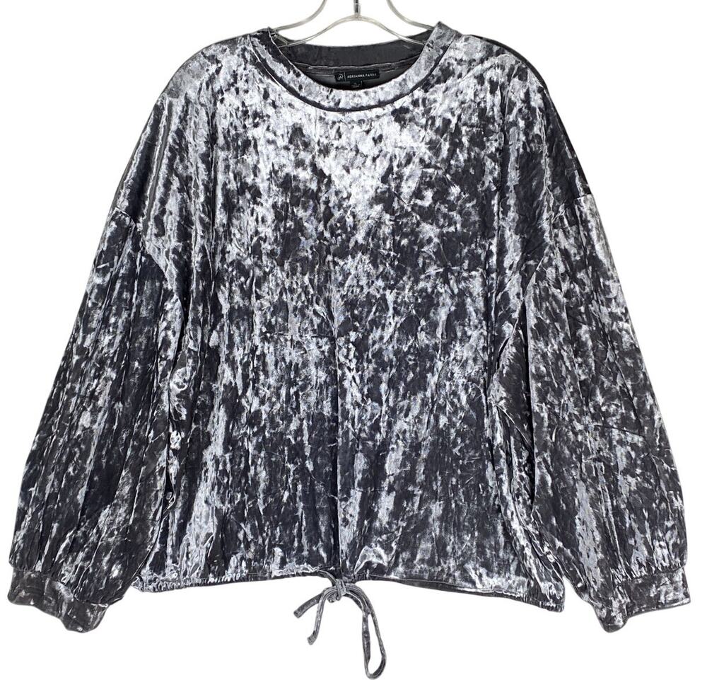 Adrianna Papell Crushed Velvet Drawstring Blouse Women XL Gray Glam Holiday Luxe